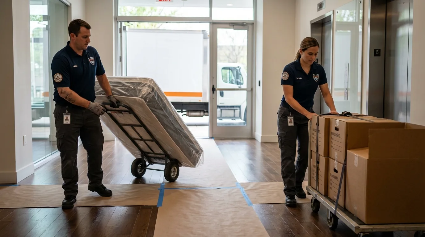 Professional apartment movers loading elevator in Colquitt, GA